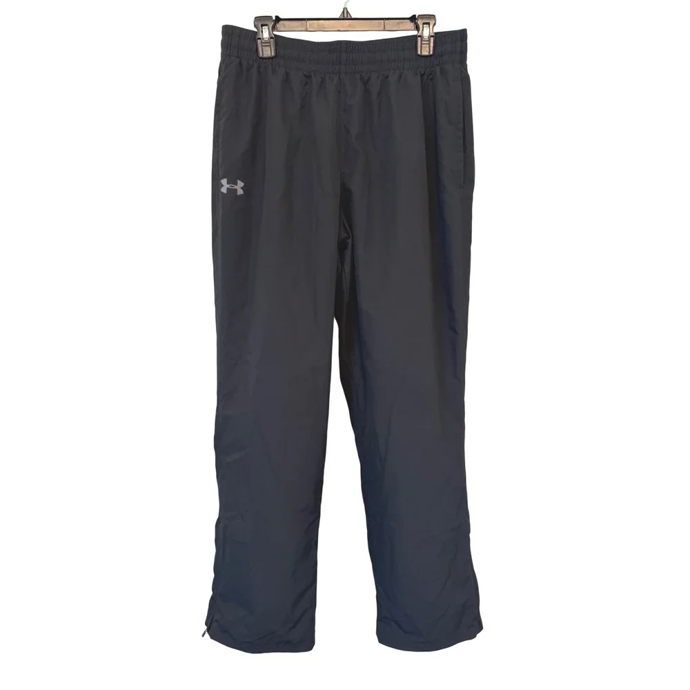 Under Armour Mens Large Black Loose Fit Mesh Lined Track Pants Ankle Zip 1267145
